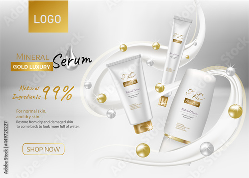 Cosmetic set realistic vector shining background with cream. Skin care cosmetics body lotion in white bottle with milk splash and gold effect, Mockup promote banner poster