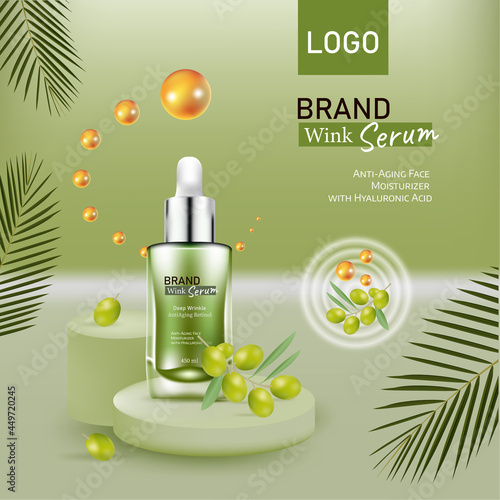 cosmetic banner with olive on green smooth background with Effect. Design for olive oil, natural cosmetics, health care products. With place for text and your product image
