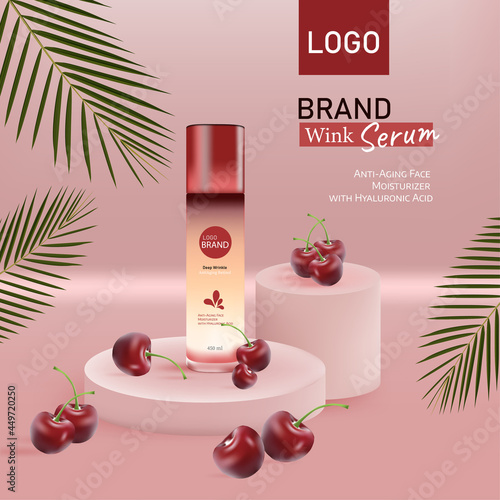 Cherry moisturizing tonic with cherry extract in cherry berries on the ground a color studio background. Organic Natural Cosmetic
