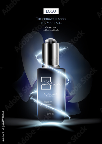 blue orchid and Skin care cosmetic ads, droplet and 3d bottle in blue sea with burst light in 3d illustration, purple roses