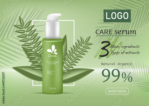 Ads Cosmetic mock up of realistic White blank spray bottle isolated on light green background, 3d rendering , 3D illustration.