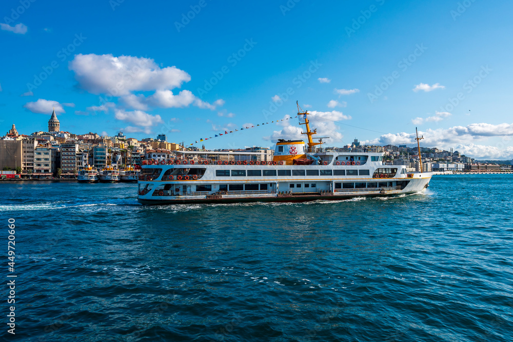 Ferry sails in Bosphorus in Istanbul. Nearly 150,000 passengers use ferries daily in Istanbul, due to easy access to two different continents.