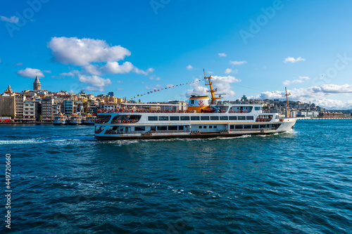 Ferry sails in Bosphorus in Istanbul. Nearly 150,000 passengers use ferries daily in Istanbul, due to easy access to two different continents. photo