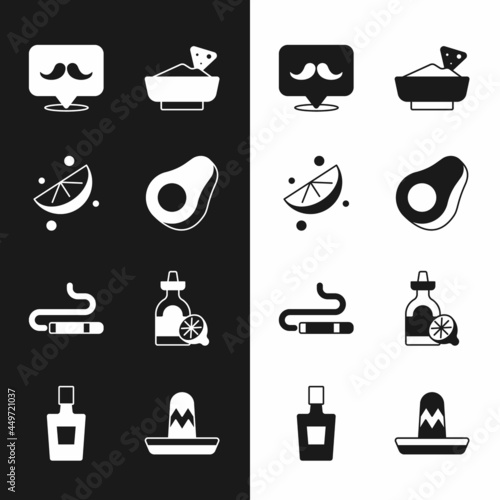 Set Avocado fruit, Sliced lime, Mustache, Nachos in bowl, Cigar, Tequila bottle with lemon, Mexican sombrero and icon. Vector