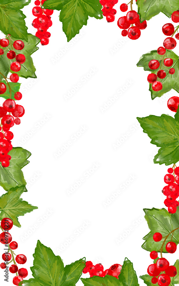 Frame with berries and leaves of red currant on a white background. Watercolor illustration