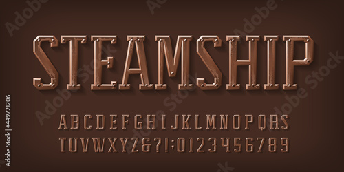 Steamship alphabet font. Rivet letters and numbers and symbols. Stock vector typescript for your design.
