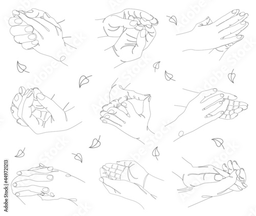 Silhouette Collection of human hands. Applause concepts in a modern one line style with plant leaves. Solid line sketches for decor, posters, stickers, logo. Vector illustration set.