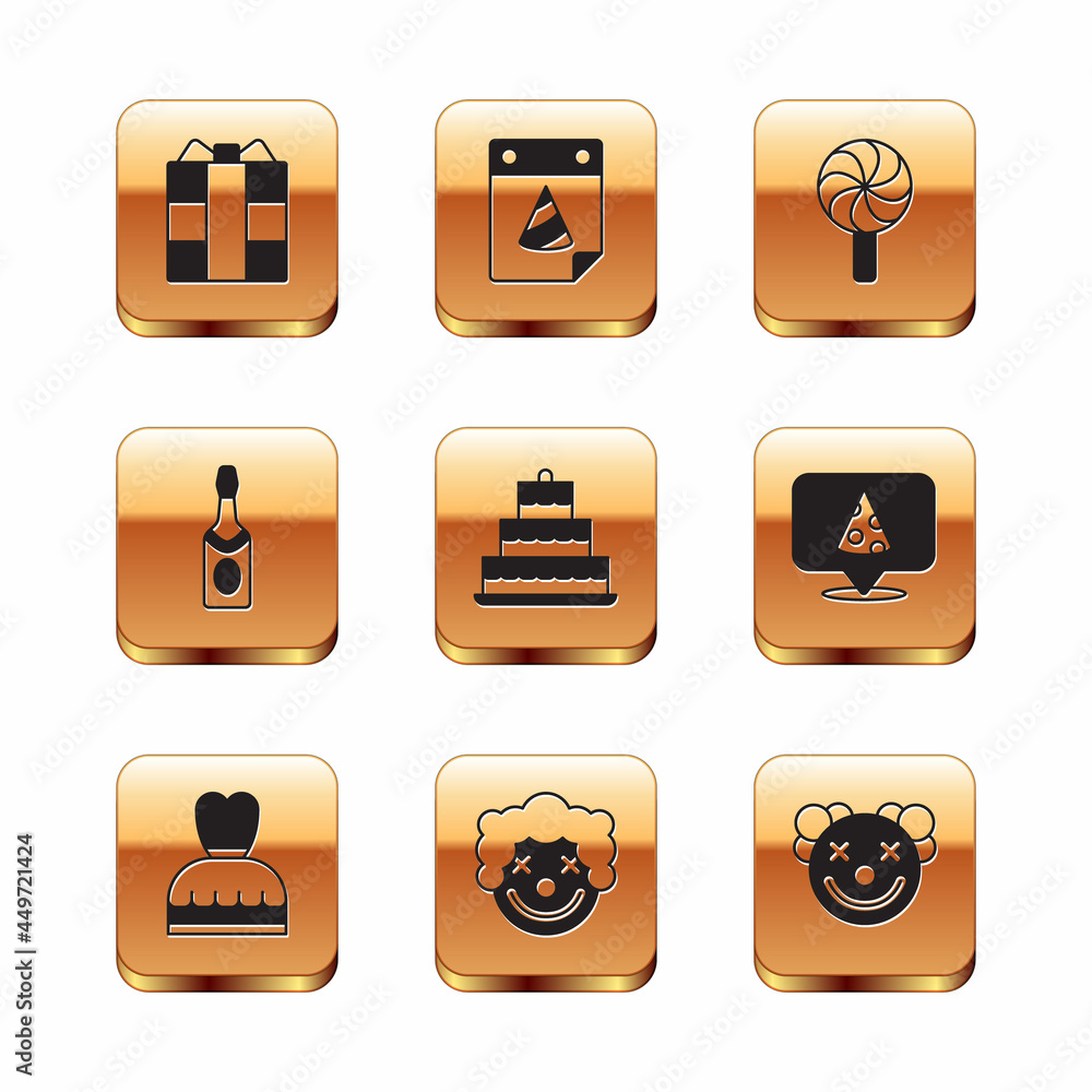 Set Gift box, Woman dress, Clown head, Cake with burning candles, Champagne bottle, Lollipop, and Calendar party icon. Vector Set Gift box, Woman dress, Clown head, Cake with burning candles, Champagne bottle, Lollipop, and Calendar party icon. Vector