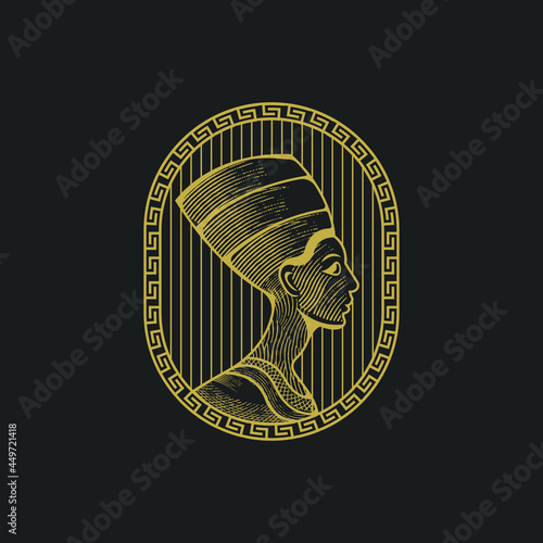 Queen nefertiti with engraving style logo icon design vector illustration Premium Vector 