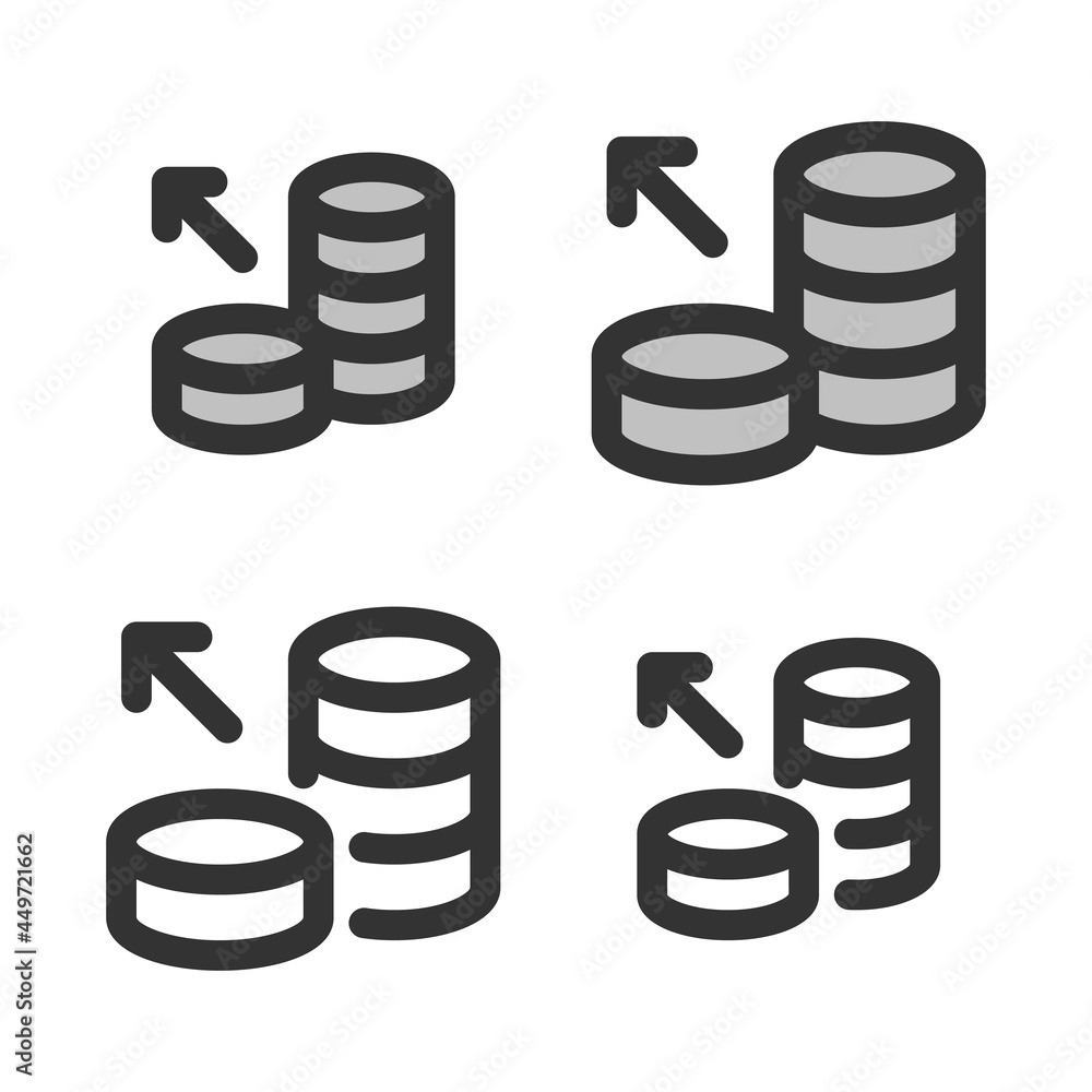 Pixel-perfect linear icon of coins stack with outgoing arrow (debiting funds from an account) built originally on two base grids of 32 x 32 and 24 x 24 pixels. Editable strokes Pixel-perfect linear icon of coins stack with outgoing arrow (debiting funds from an account) built originally on two base grids of 32 x 32 and 24 x 24 pixels. Editable strokes