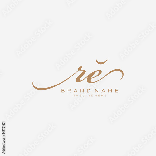 Letter R and E, RE gold Initial handwriting design logo template.