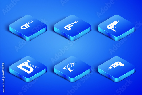 Set Electric cordless screwdriver, Reciprocating saw, Construction stapler, Rotary hammer drill machine and jigsaw icon. Vector