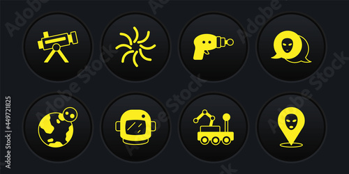 Set Earth globe, Alien, Astronaut helmet, Mars rover, Ray gun, Black hole, and Telescope icon. Vector