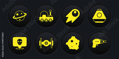 Set Alien, Space capsule, Cosmic ship, Asteroid, Comet falling down fast, Mars rover, Ray gun and Planet Saturn icon. Vector