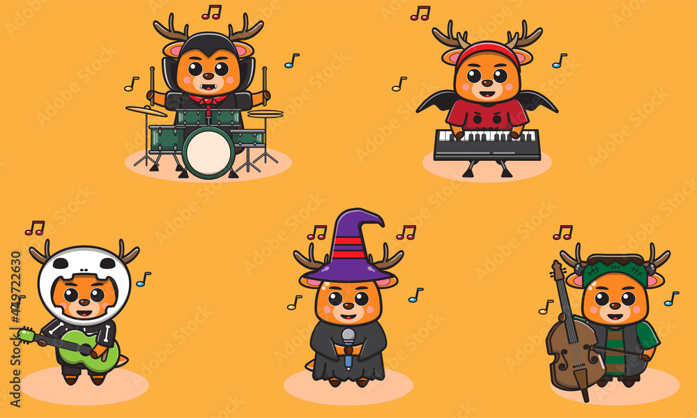 Fototapeta premium Vector illustration of Deer Halloween. Deer with costume play a musical instrument.