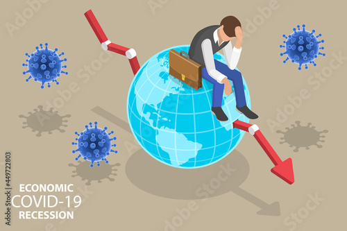 3D Isometric Flat Vector Conceptual Illustration of COVID-19 Economic Recession, Business Bankruptcy and Stock Market Crash
