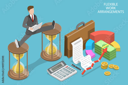 3D Isometric Flat Vector Conceptual Illustration of Flexible Work Arrangements, Time Management