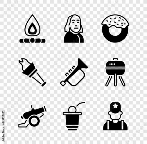 Set Campfire, Benjamin Franklin, Donut, Cannon, Beer pong game, Sheriff cowboy, Torch flame and Trumpet icon. Vector