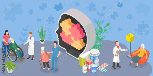 3D Isometric Flat Vector Conceptual Illustration of Alzheimer Disease, Memory Loss Treatments