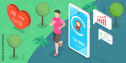 3D Isometric Flat Vector Conceptual Illustration of Step Counter, Sport Tracker App