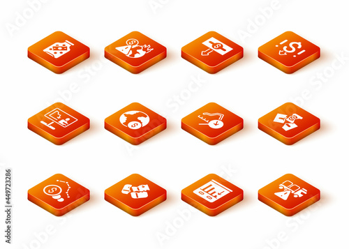Set Dollar rate decrease, Credit card, Global economic crisis news, Pie chart infographic, Stop delivery cargo truck and Tearing money banknote icon. Vector