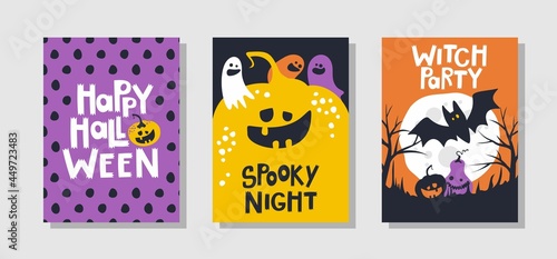 A set of invitations to a Halloween party or greeting cards with handwritten text and vector illustrations.