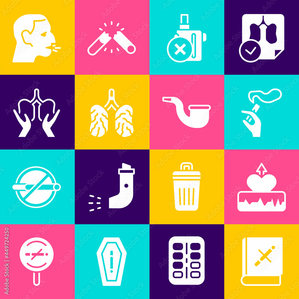 Set Book with stop cigarette, Heartbeat increase, Hand smoking, No electronic, Disease lungs, Lungs, Man coughing and pipe icon. Vector Set Book with stop cigarette, Heartbeat increase, Hand smoking, No electronic, Disease lungs, Lungs, Man coughing and pipe icon. Vector
