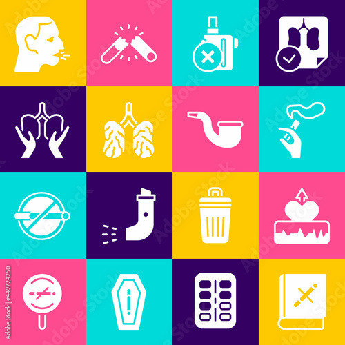 Set Book with stop cigarette, Heartbeat increase, Hand smoking, No electronic, Disease lungs, Lungs, Man coughing and pipe icon. Vector