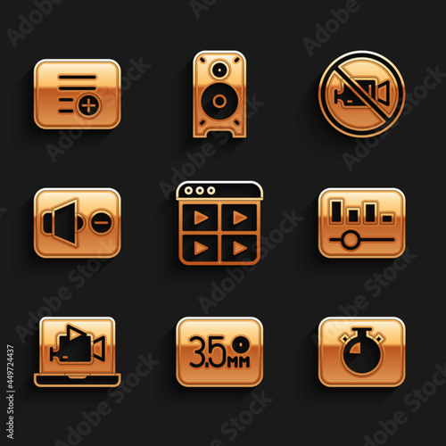 Set Music playlist, Audio jack, Stopwatch, equalizer, Online video, Speaker mute, Prohibition no recording and Add icon. Vector