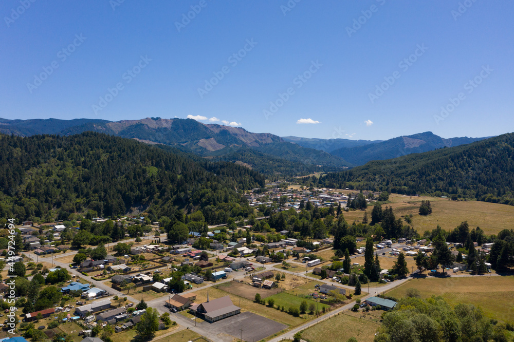 Aerial photo of Powers, Oregon taken in summer 