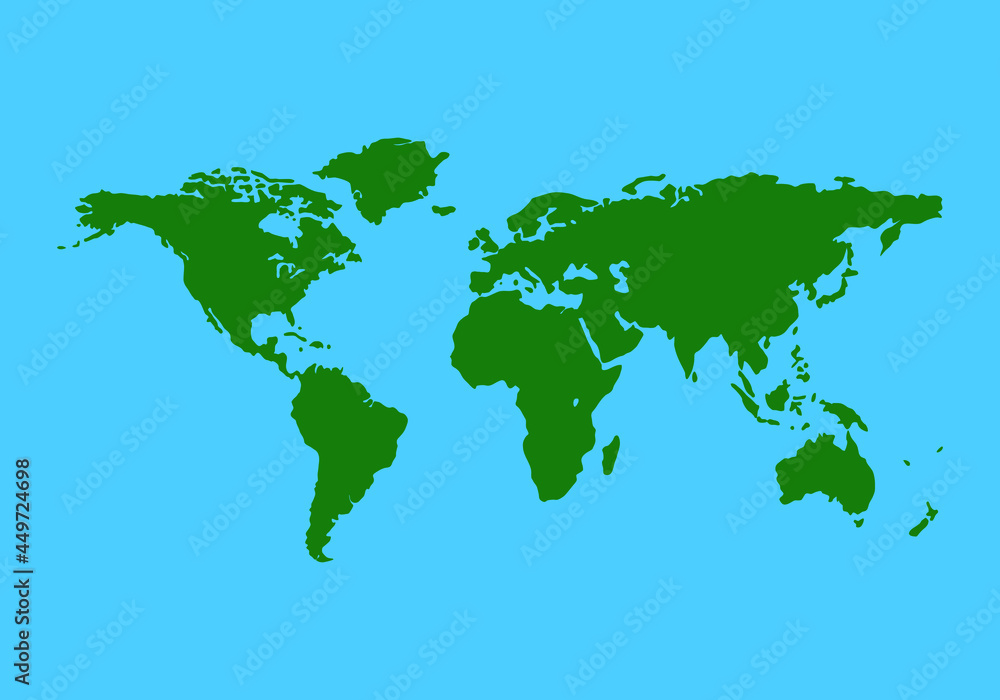 Green map of world on blue background, World map vector design, Globe similar world map icon. Map silhouette for template, business,