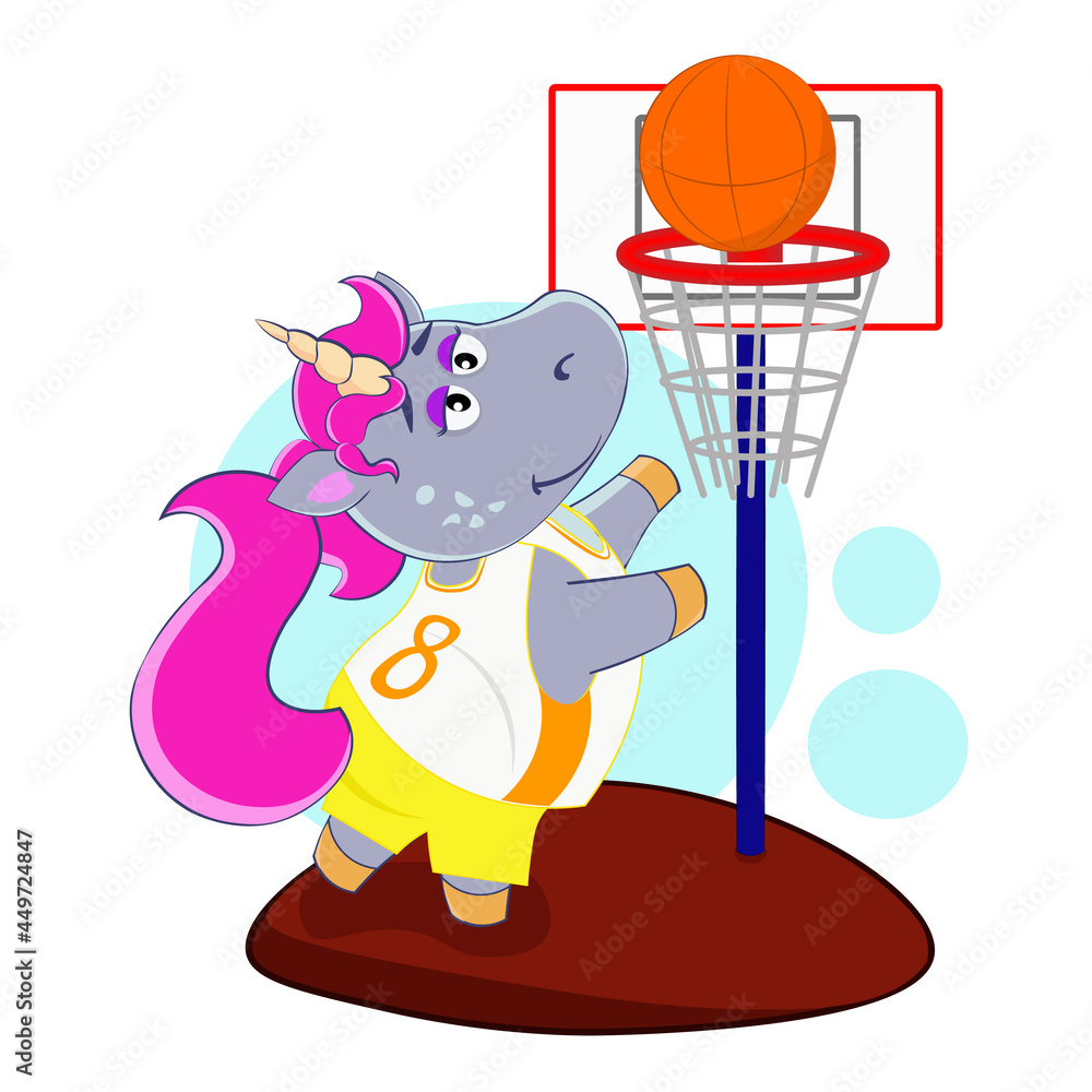 Cartoon unicorn basketball player with basketball hoop vector de Stock