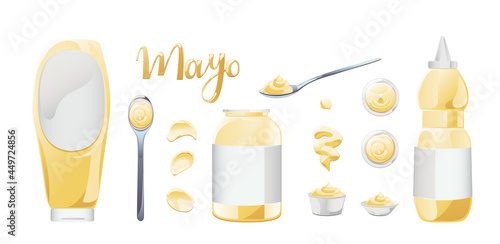 Mayonnaise in bowl, bottle, stains and splash set. Condiment white sauce icon set. Top and front view vector illustration.