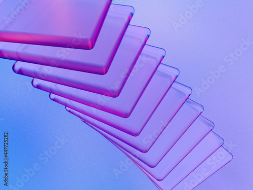 3D rendered squares in different sizes with a transparent material on a blue and purple background. Illustration of structured data, digital flow, or fragmental visualization.  photo