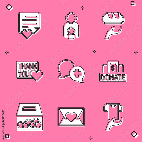 Set Envelope with heart, Taking care of children, Donation food, Thank you, Dialogue doctor, and charity, and icon. Vector