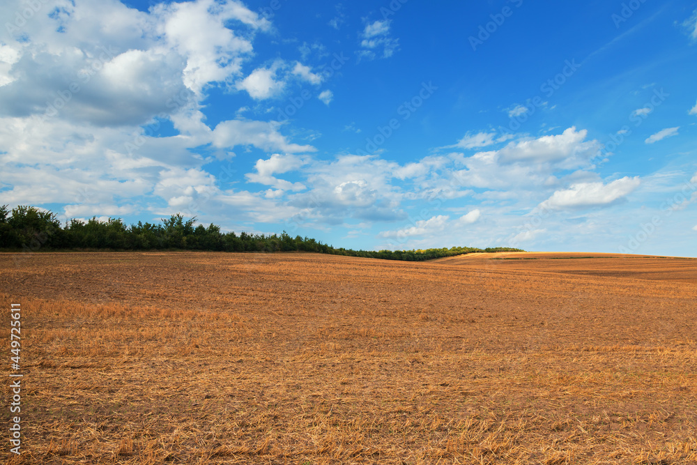 Beautiful landscape near Strazovice in the Czech Republic. Harvested grain in the field. Blue sky and clouds.