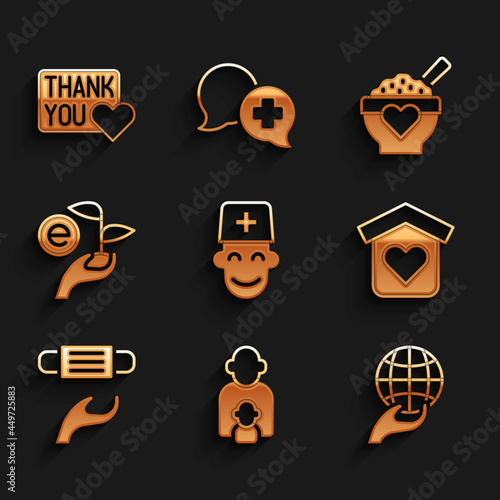 Set Male doctor, Taking care of children, Hand holding Earth globe, Shelter for homeless, Medical protective mask, Leaf hand, Donation food and Thank you with heart icon. Vector