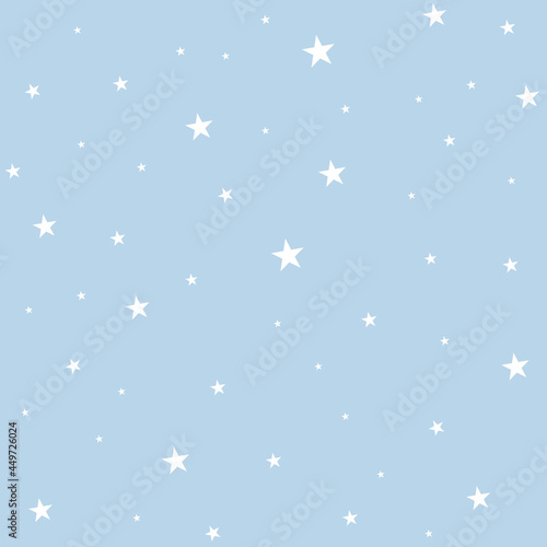Simple star pattern. Small white stars. Soft blue background. Vector texture. Elegant fashion print for Wallpaper and textiles. 