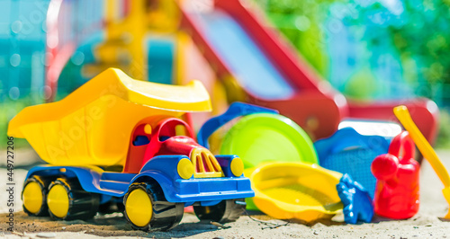Colorful plastic children toys on the playground