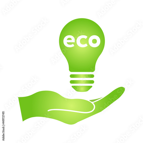 Hand with eco green leaf icon in light bulb Bio nature green eco symbol for web and business