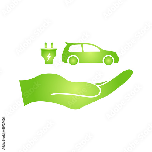Eco hand with electrocar icon Zero emission vehicle Battery charging station sign