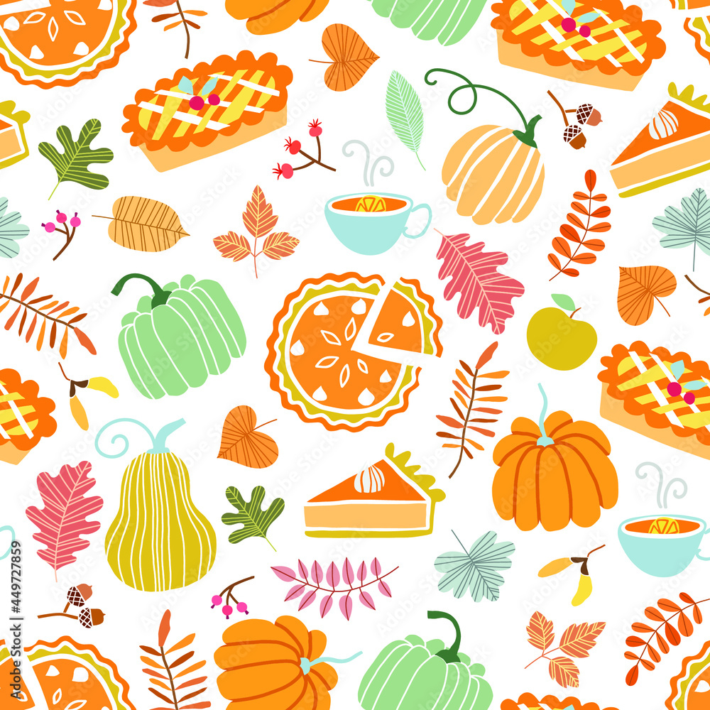 Hand drawn pumpkin pies and pumpkins seamless pattern. Vector ...