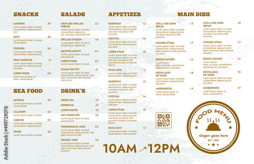 Restaurant cafe menu, template design. Single page food menu template.