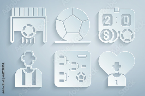 Set Championship tournament bracket, Football betting money, or soccer referee, player, Soccer football and goal with icon. Vector