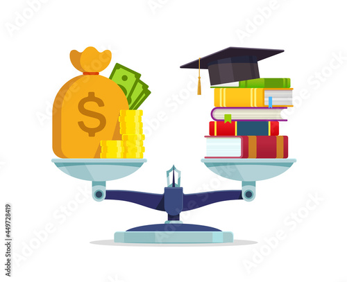 Education vs Money on scales icon balance icon vector illustration. Books versus money on measure scale. Weights with books stuck and bag of coins . Concept of business success