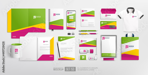 Stationery office items Mockup set with corporate brand identity design. Pink and green geometric abstract graphics. Business stationery mockup. Office equipment set. Realistic vector illustration