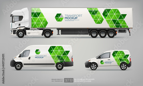 Realistic vector Van, truck trailer mockup with green branding design and corporate identity. Abstract graphic of green geometric graphics, sticker and decal design for transport