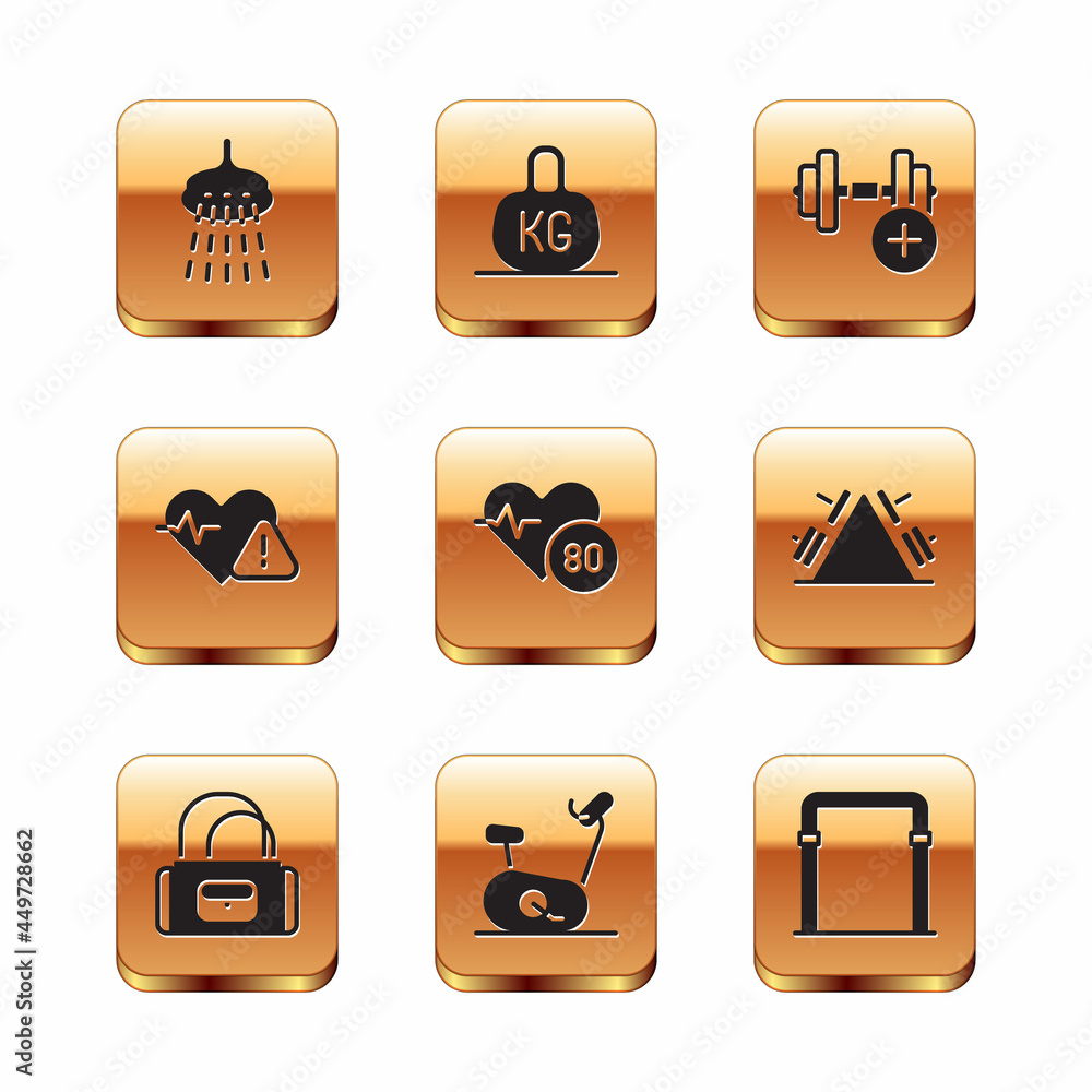 Set Shower, Sport bag, Stationary bicycle, Heart rate, Dumbbell, horizontal bar and Weight icon. Vector Set Shower, Sport bag, Stationary bicycle, Heart rate, Dumbbell, horizontal bar and Weight icon. Vector