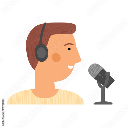 Young man with headphone and microphone record a podcast vector illustration. Flat style cheerful speaker character broadcasting with headset and mic. Interview talk show concept, caucasian male host