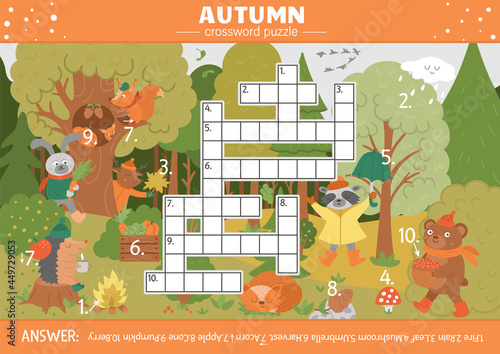 Vector fall season crossword puzzle for kids. Simple quiz with autumn forest objects for children. Educational activity with cute funny woodland animals.